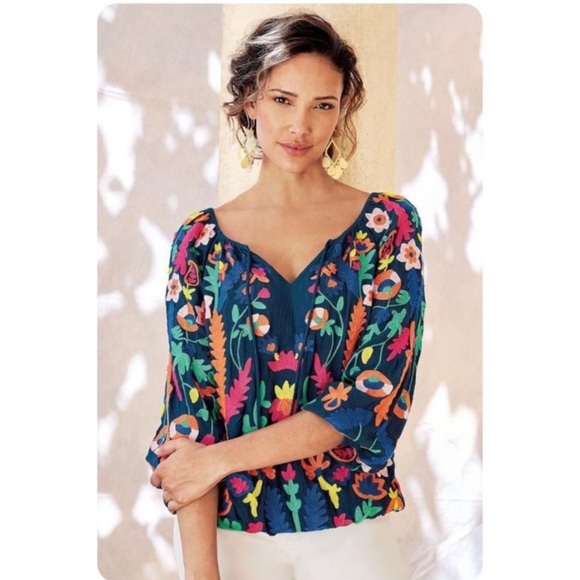 Soft Surroundings Banjara Boho Embroidered Peasant Top Blue Medium - Picture 11 of 11